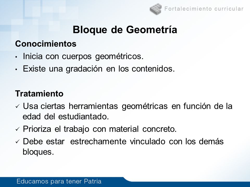 Bloque de Geometría Conocimientos Inicia con cuerpos geométricos.