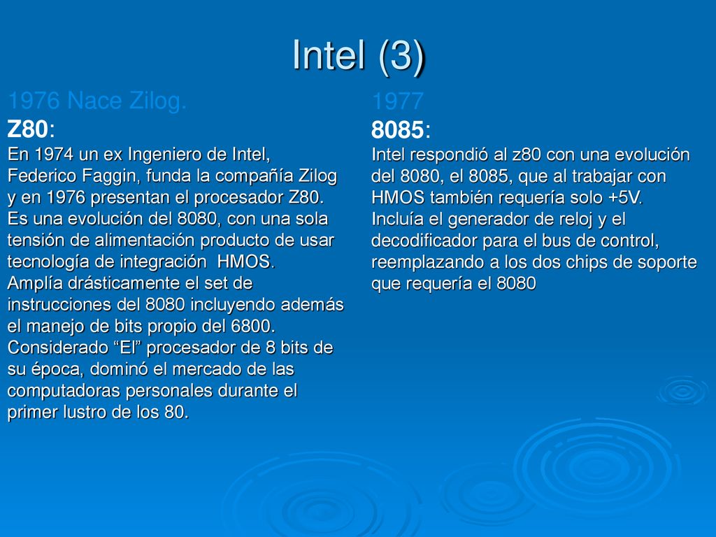 Intel (3) 1976 Nace Zilog. Z80: En 1974 un ex Ingeniero de Intel, Federico Faggin, funda la compañía Zilog y en 1976 presentan el procesador Z80.