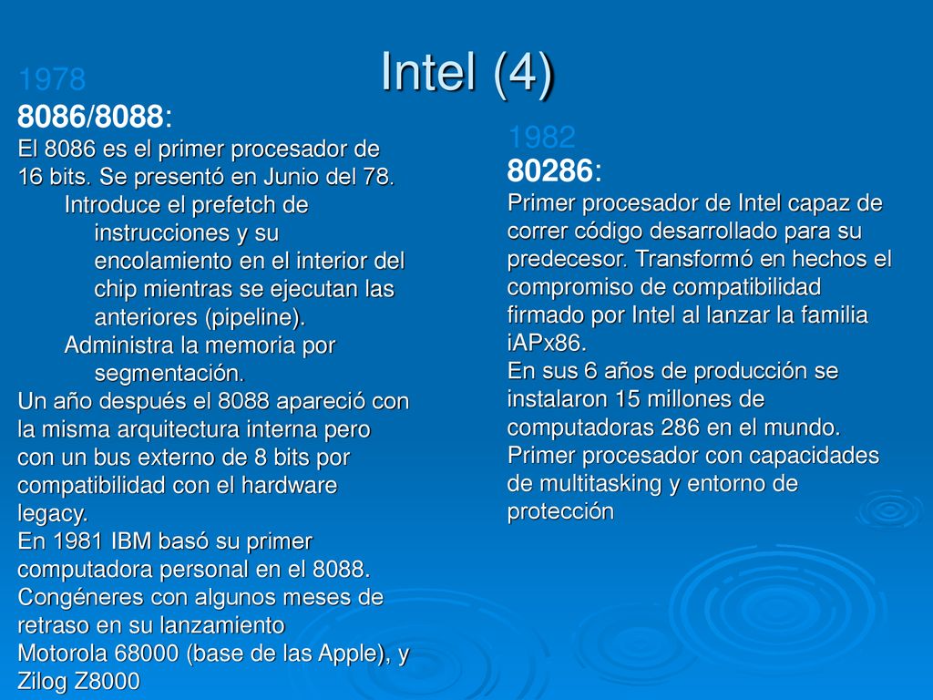 Intel (4) /8088: El 8086 es el primer procesador de 16 bits. Se presentó en Junio del 78.