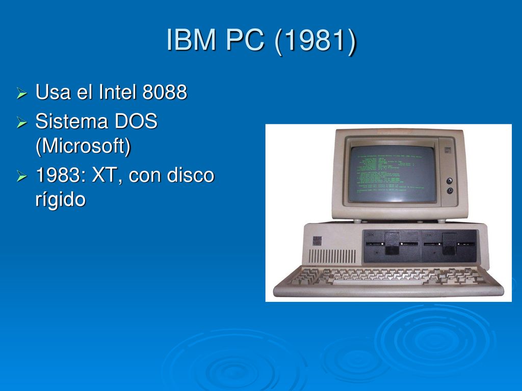 IBM PC (1981) Usa el Intel 8088 Sistema DOS (Microsoft)