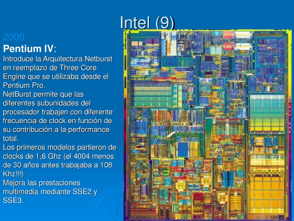 Intel (9) Pentium IV: Introduce la Arquitectura Netburst en reemplazo de Three Core Engine que se utilizaba desde el.