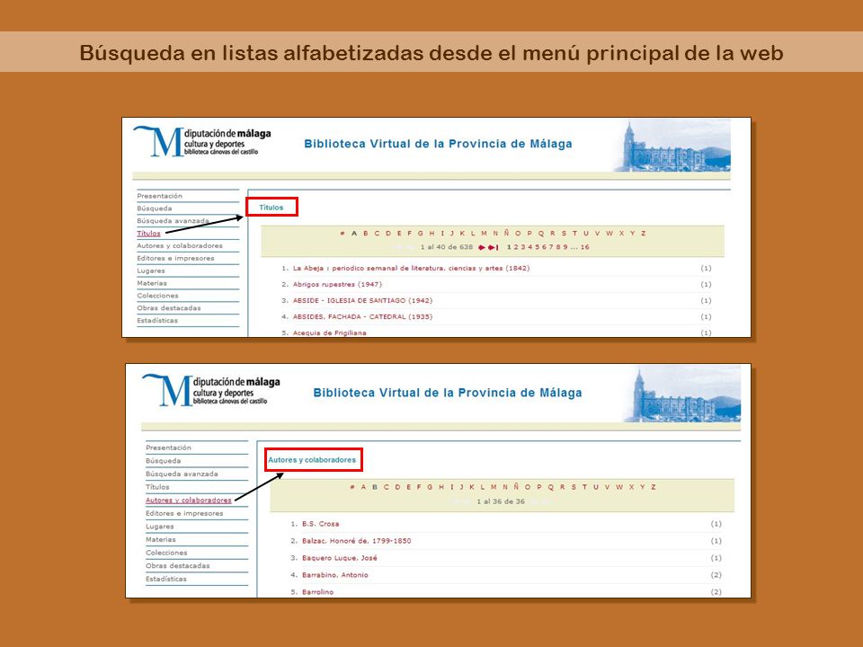 Búsqueda en listas alfabetizadas desde el menú principal de la web