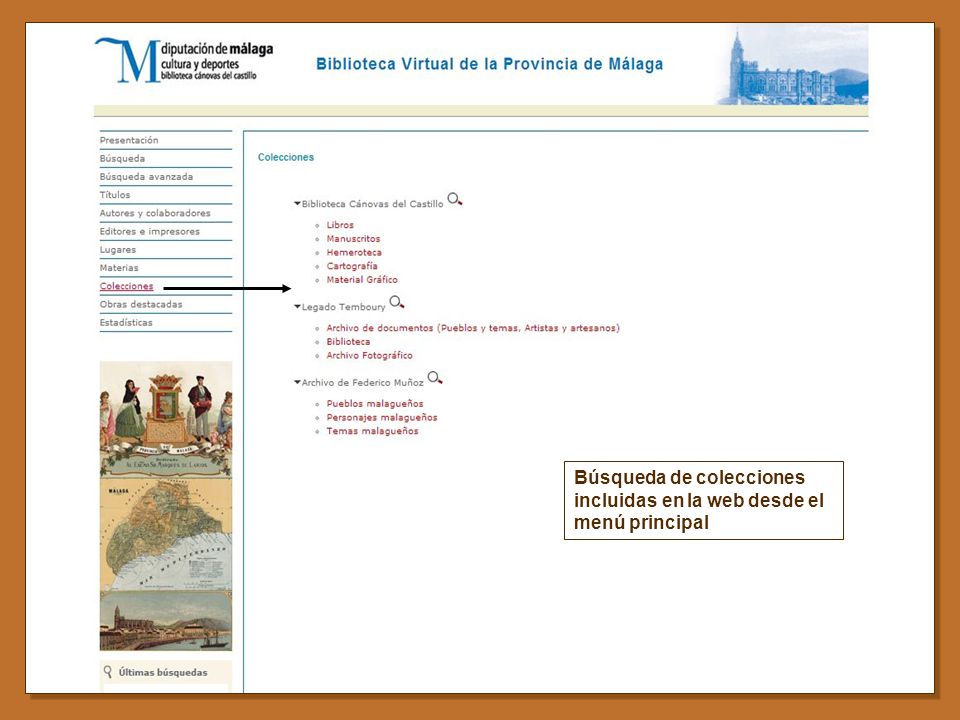 Búsqueda de colecciones incluidas en la web desde el menú principal