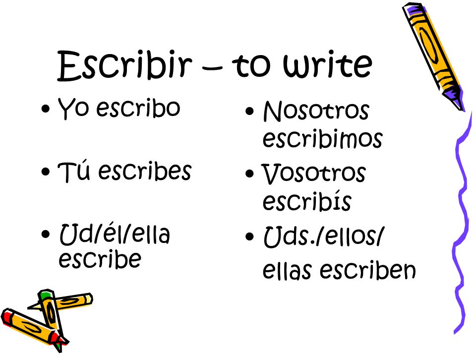 Escribir – to write Yo escribo Tú escribes Ud/él/ella escribe