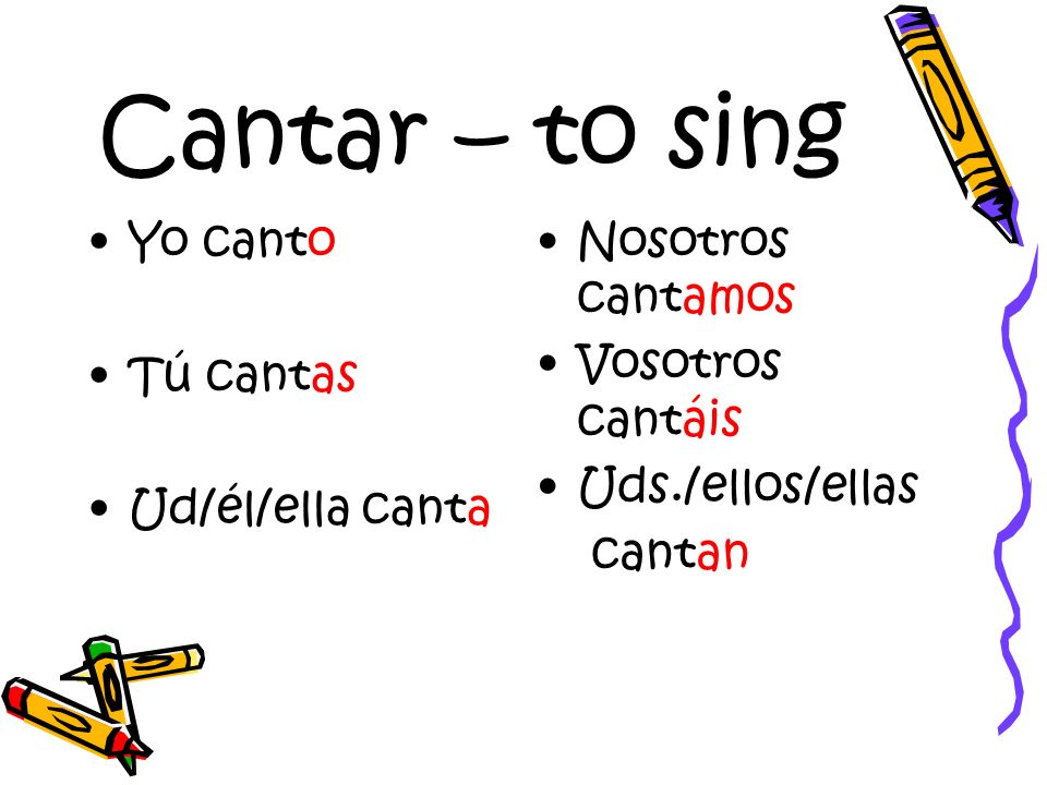Cantar – to sing Yo canto Tú cantas Ud/él/ella canta Nosotros cantamos
