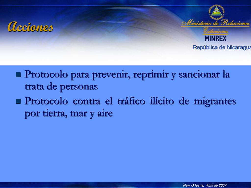 Acciones Protocolo para prevenir, reprimir y sancionar la trata de personas.
