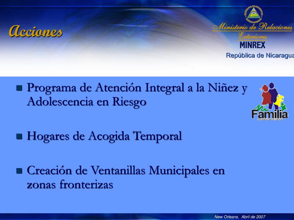 Acciones Programa de Atención Integral a la Niñez y Adolescencia en Riesgo. Hogares de Acogida Temporal.
