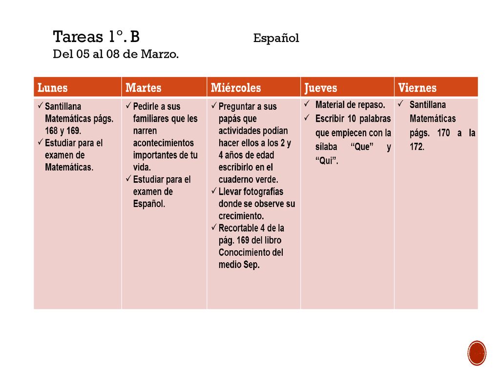 Tareas 1º. B Español Del 05 al 08 de Marzo.