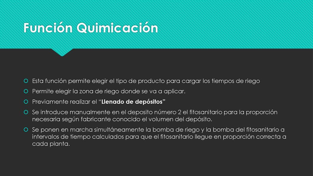 Función Quimicación Esta función permite elegir el tipo de producto para cargar los tiempos de riego.