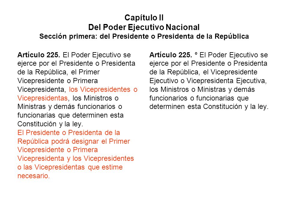 Capítulo II Del Poder Ejecutivo Nacional Sección primera: del Presidente o Presidenta de la República