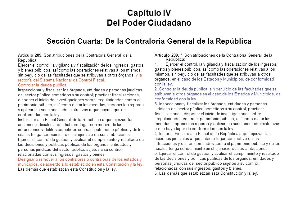 Capítulo IV Del Poder Ciudadano Sección Cuarta: De la Contraloría General de la República