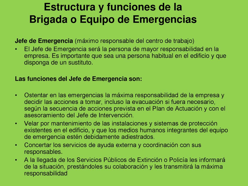 Estructura y funciones de la Brigada o Equipo de Emergencias