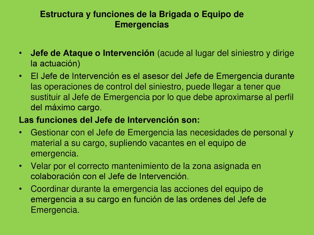 Estructura y funciones de la Brigada o Equipo de Emergencias