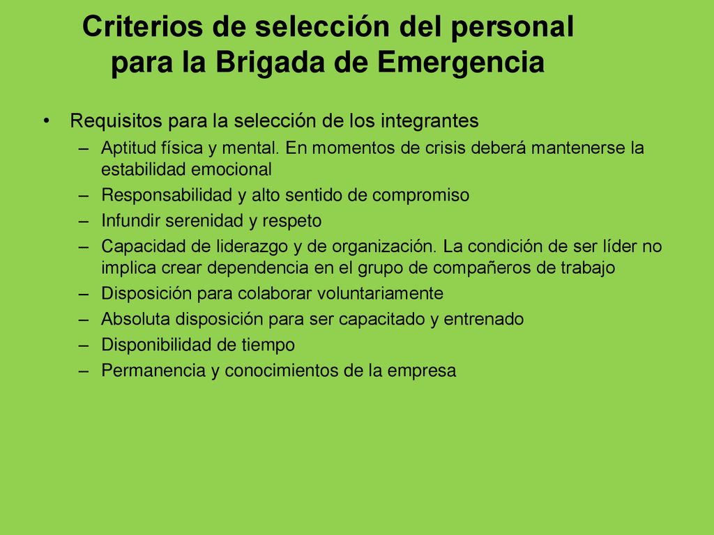 Criterios de selección del personal para la Brigada de Emergencia