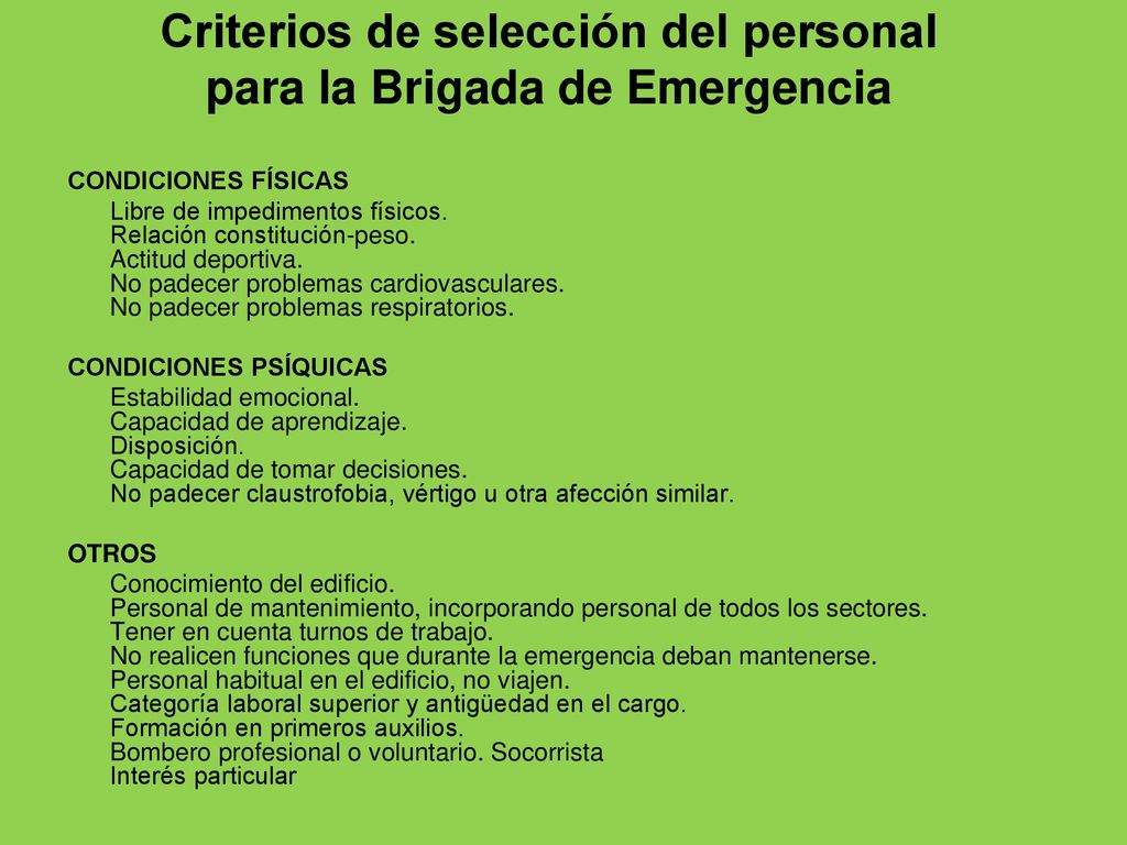 Criterios de selección del personal para la Brigada de Emergencia