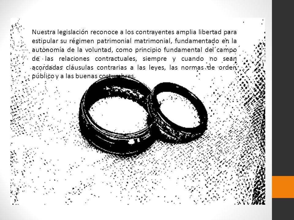 Nuestra legislación reconoce a los contrayentes amplia libertad para estipular su régimen patrimonial matrimonial, fundamentado en la autonomía de la voluntad, como principio fundamental del campo de las relaciones contractuales, siempre y cuando no sean acordadas cláusulas contrarias a las leyes, las normas de orden público y a las buenas costumbres.