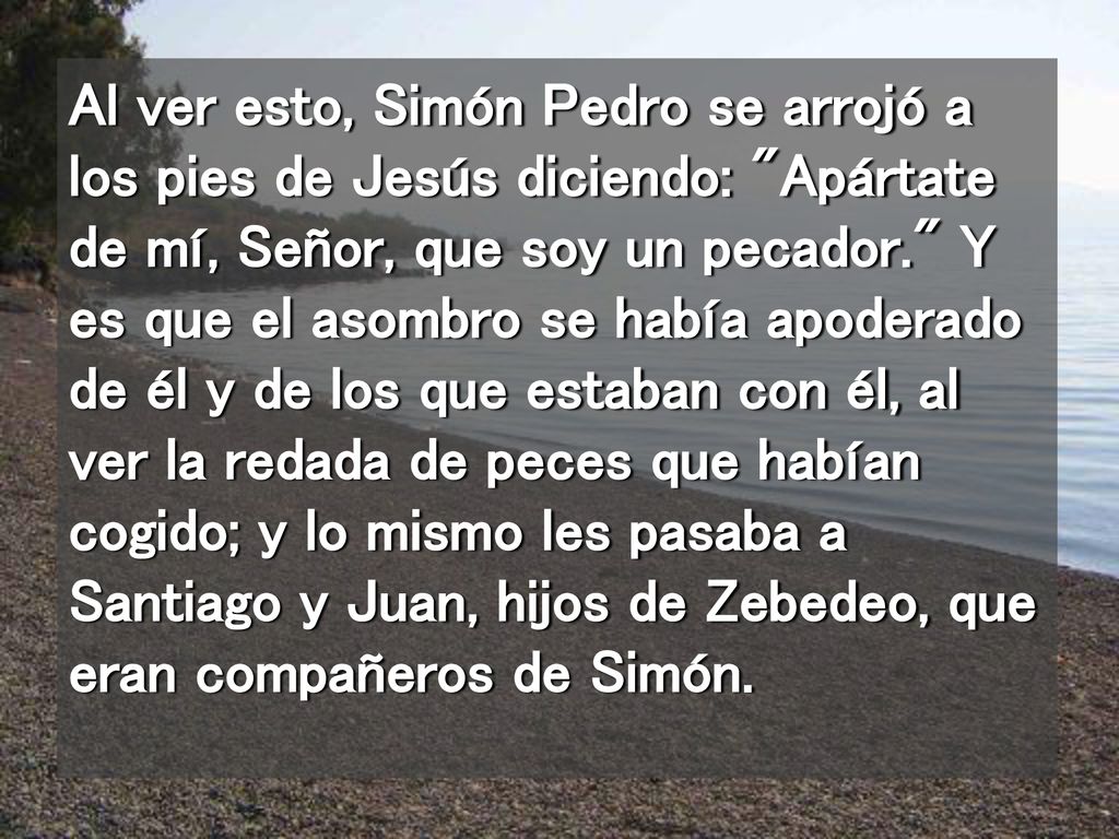 Al ver esto, Simón Pedro se arrojó a los pies de Jesús diciendo: Apártate de mí, Señor, que soy un pecador. Y es que el asombro se había apoderado de él y de los que estaban con él, al ver la redada de peces que habían cogido; y lo mismo les pasaba a Santiago y Juan, hijos de Zebedeo, que eran compañeros de Simón.