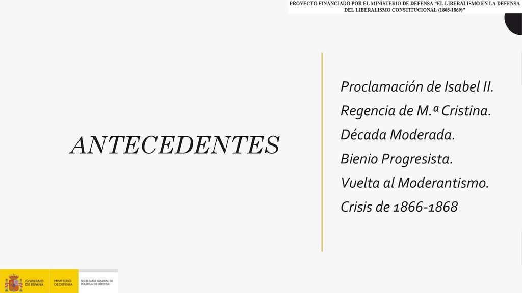 Antecedentes Proclamación de Isabel II. Regencia de M.ª Cristina. Década Moderada. Bienio Progresista. Vuelta al Moderantismo. Crisis de
