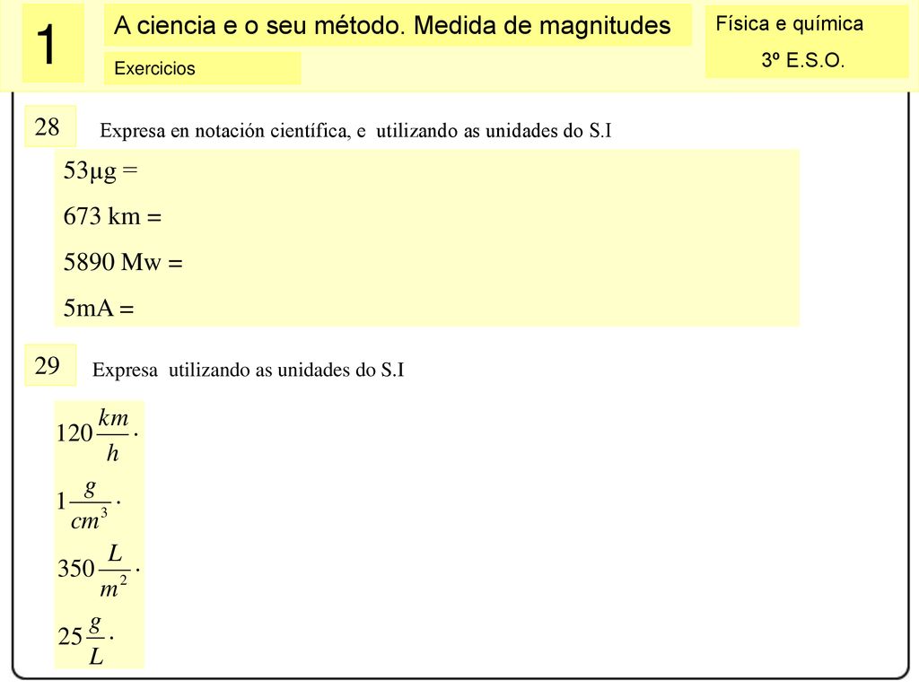 28 Expresa en notación científica, e utilizando as unidades do S.I. 53µg = 673 km = 5890 Mw = 5mA =