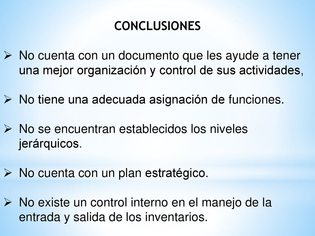 CONCLUSIONES No cuenta con un documento que les ayude a tener una mejor organización y control de sus actividades,