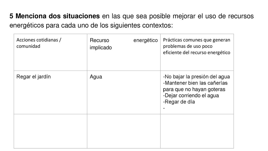 5 Menciona dos situaciones en las que sea posible mejorar el uso de recursos energéticos para cada uno de los siguientes contextos: