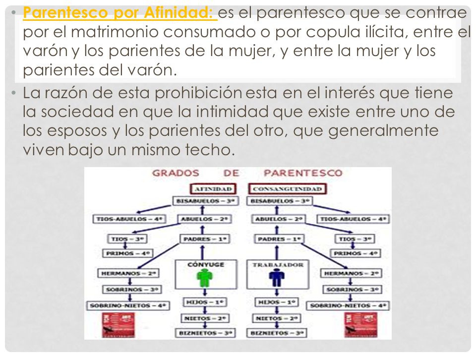 Parentesco por Afinidad: es el parentesco que se contrae por el matrimonio consumado o por copula ilícita, entre el varón y los parientes de la mujer, y entre la mujer y los parientes del varón.
