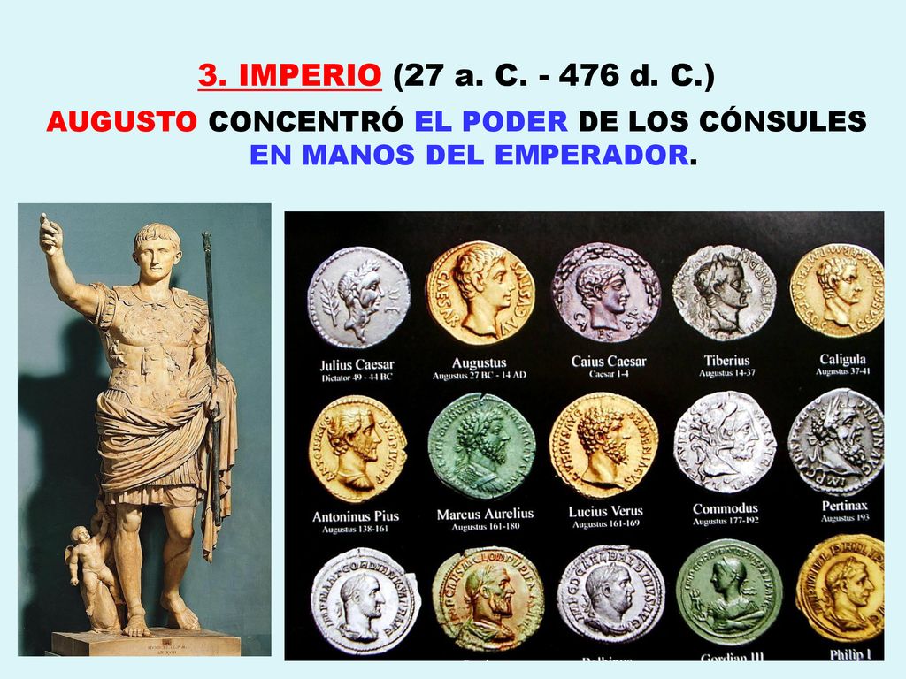 AUGUSTO CONCENTRÓ EL PODER DE LOS CÓNSULES EN MANOS DEL EMPERADOR.