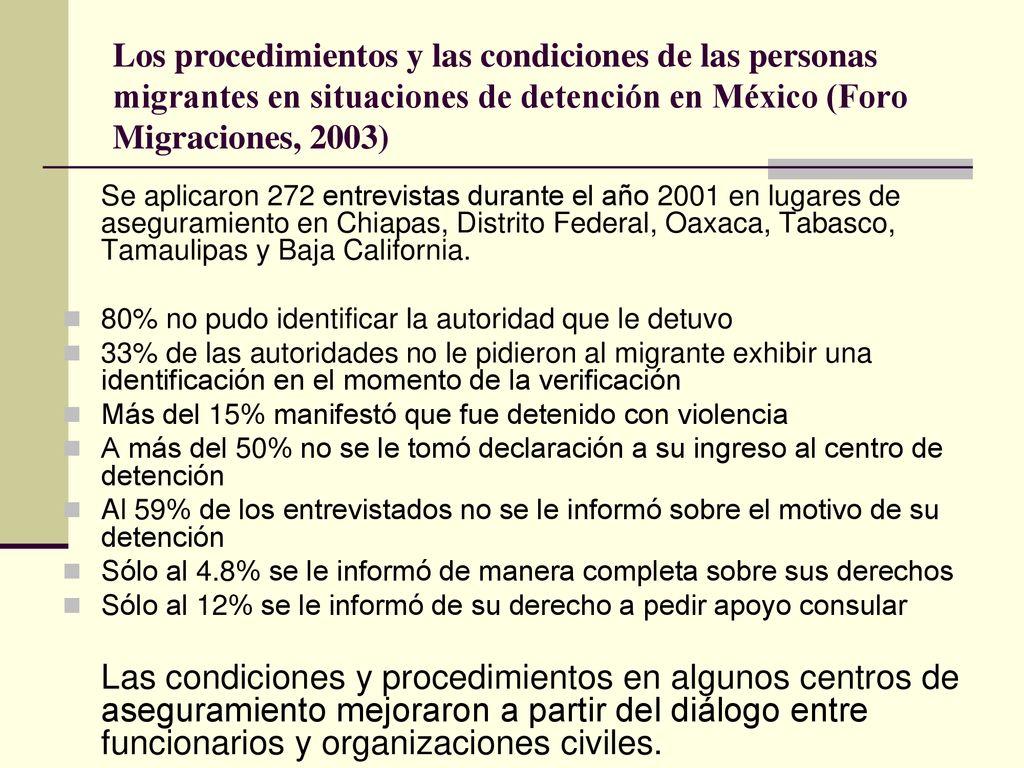 Los procedimientos y las condiciones de las personas migrantes en situaciones de detención en México (Foro Migraciones, 2003)