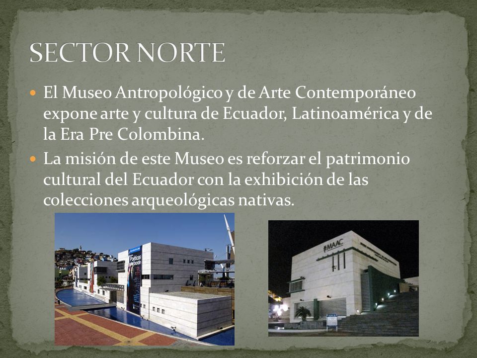 SECTOR NORTE El Museo Antropológico y de Arte Contemporáneo expone arte y cultura de Ecuador, Latinoamérica y de la Era Pre Colombina.