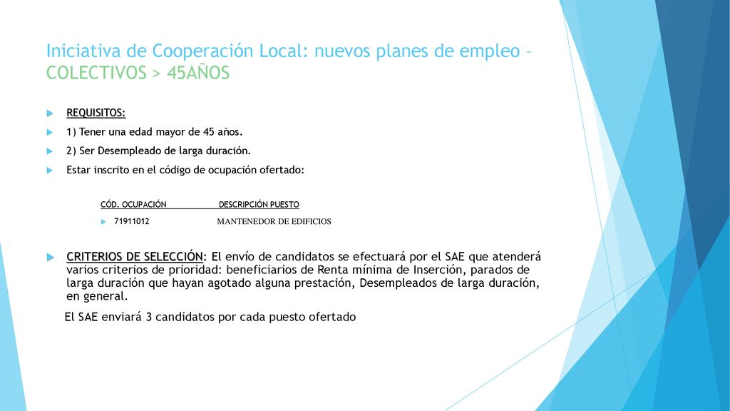 Iniciativa de Cooperación Local: nuevos planes de empleo – COLECTIVOS > 45AÑOS