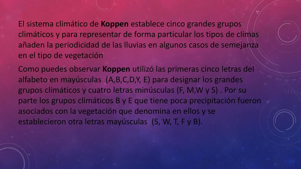 El sistema climático de Koppen establece cinco grandes grupos climáticos y para representar de forma particular los tipos de climas añaden la periodicidad de las lluvias en algunos casos de semejanza en el tipo de vegetación Como puedes observar Koppen utilizó las primeras cinco letras del alfabeto en mayúsculas (A,B,C,D,Y, E) para designar los grandes grupos climáticos y cuatro letras minúsculas (F, M,W y S) .