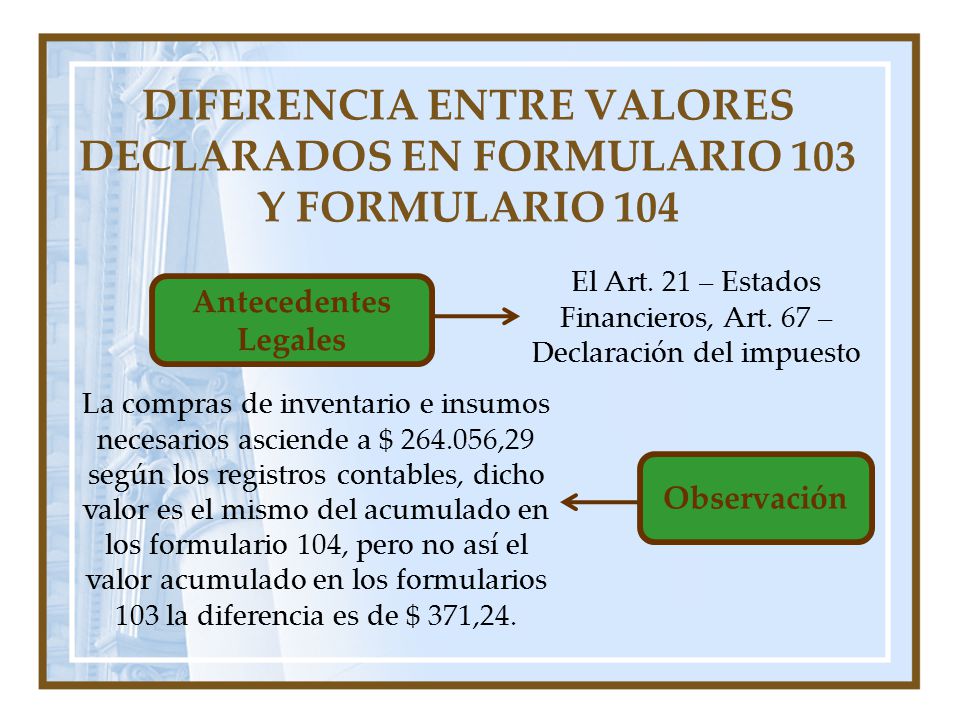 DIFERENCIA ENTRE VALORES DECLARADOS EN FORMULARIO 103 Y FORMULARIO 104