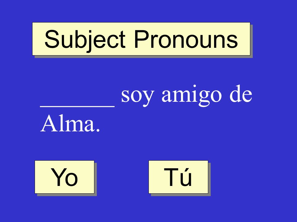 Subject Pronouns ______ soy amigo de Alma. Yo Tú