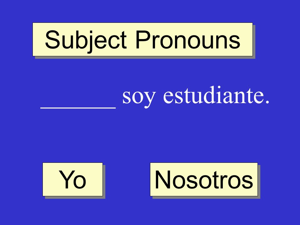 Subject Pronouns ______ soy estudiante. Yo Nosotros