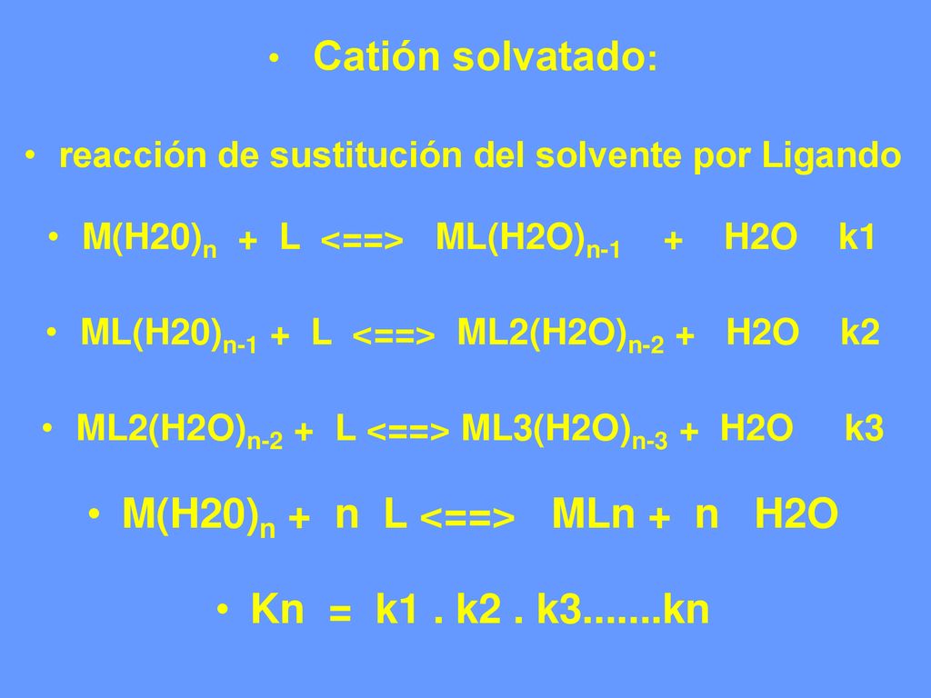 M(H20)n + n L <==> MLn + n H2O Kn = k1 . k2 . k kn