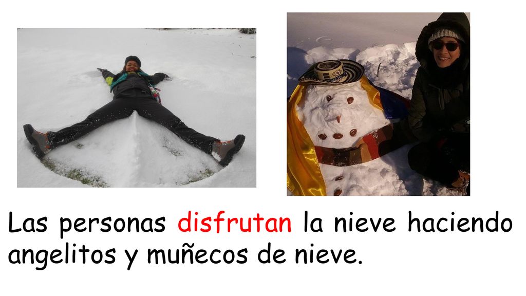 Las personas disfrutan la nieve haciendo angelitos y muñecos de nieve.