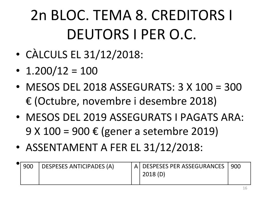 2n BLOC. TEMA 8. CREDITORS I DEUTORS I PER O.C.