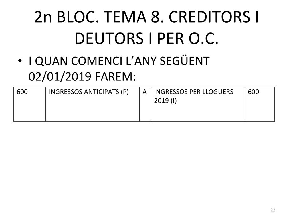 2n BLOC. TEMA 8. CREDITORS I DEUTORS I PER O.C.