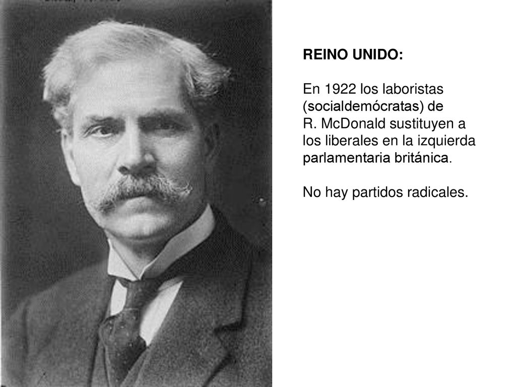 REINO UNIDO: En 1922 los laboristas. (socialdemócratas) de. R. McDonald sustituyen a. los liberales en la izquierda.