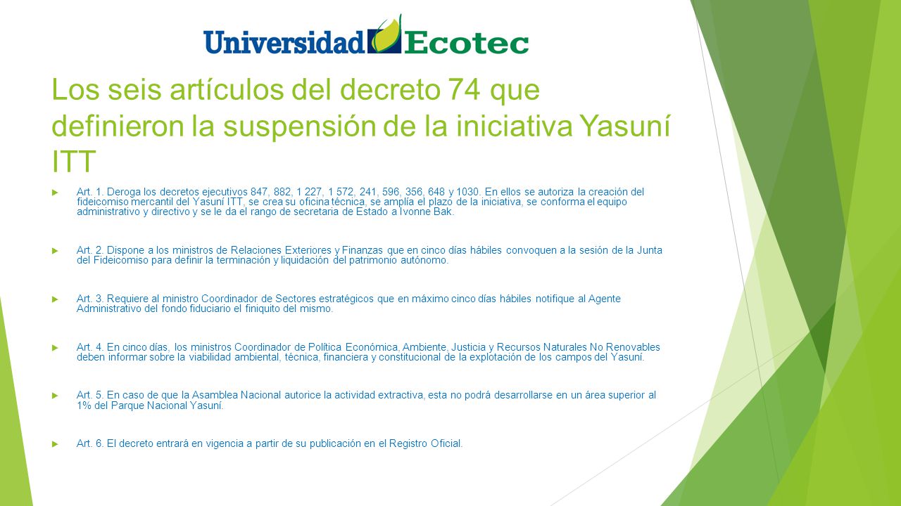 Los seis artículos del decreto 74 que definieron la suspensión de la iniciativa Yasuní ITT