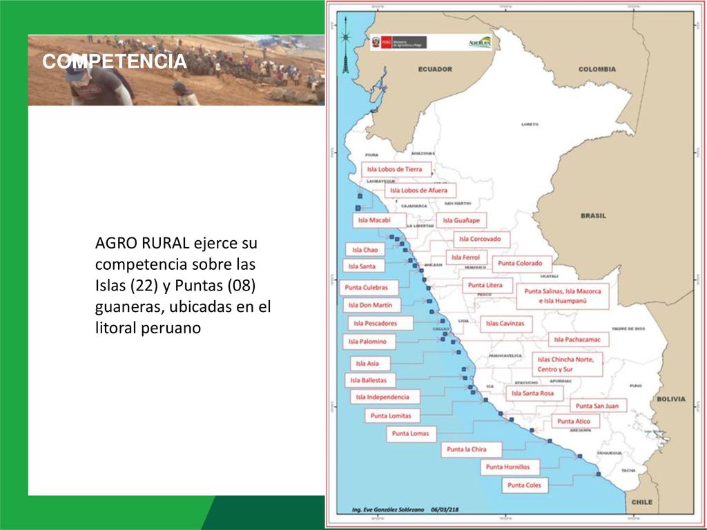 COMPETENCIA AGRO RURAL ejerce su competencia sobre las Islas (22) y Puntas (08) guaneras, ubicadas en el litoral peruano.