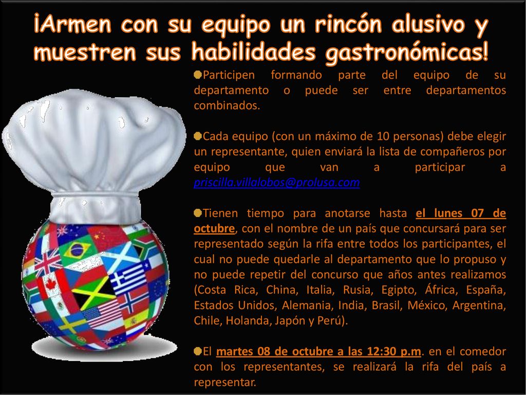 ¡Armen con su equipo un rincón alusivo y muestren sus habilidades gastronómicas!