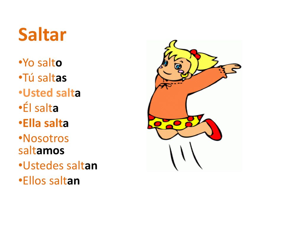 Saltar Yo salto Tú saltas Usted salta Él salta Ella salta