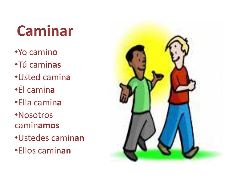 Caminar Yo camino Tú caminas Usted camina Él camina Ella camina