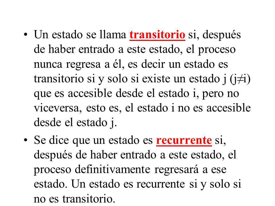 Un estado se llama transitorio si, después de haber entrado a este estado, el proceso nunca regresa a él, es decir un estado es transitorio si y solo si existe un estado j (j≠i) que es accesible desde el estado i, pero no viceversa, esto es, el estado i no es accesible desde el estado j.