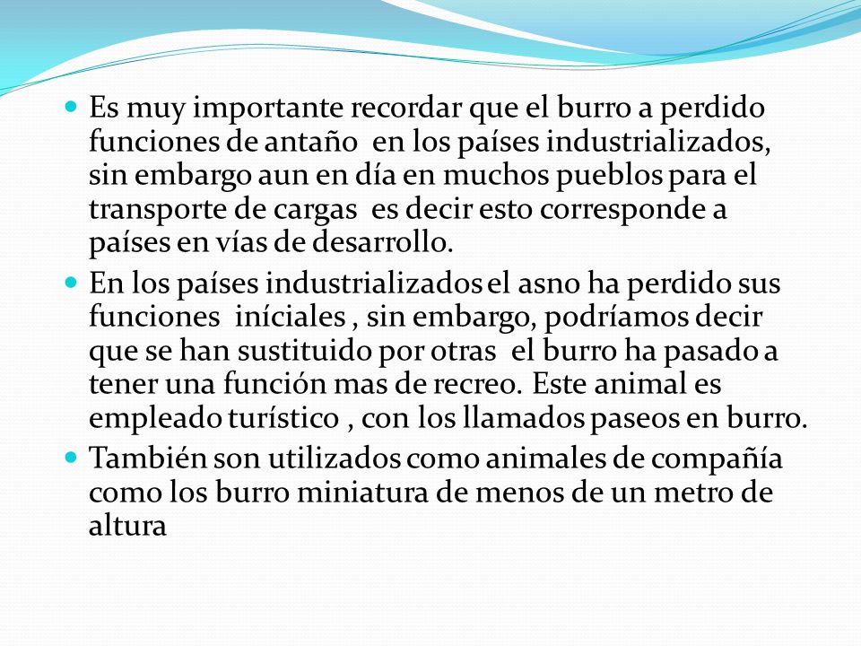 Es muy importante recordar que el burro a perdido funciones de antaño en los países industrializados, sin embargo aun en día en muchos pueblos para el transporte de cargas es decir esto corresponde a países en vías de desarrollo.