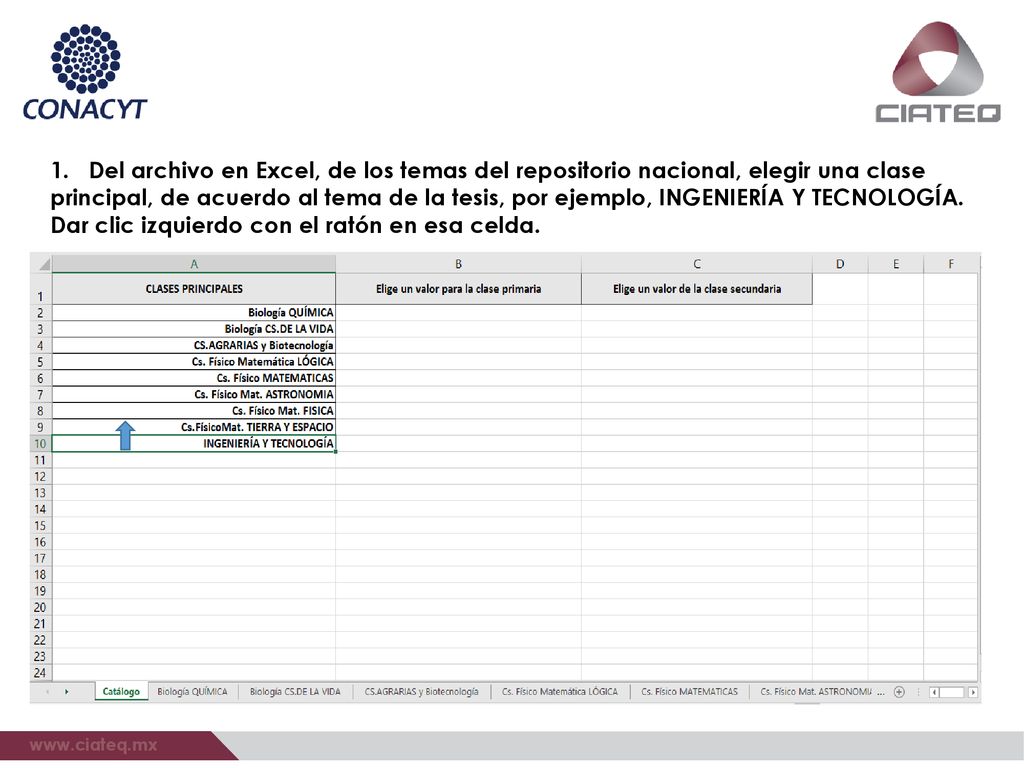 Del archivo en Excel, de los temas del repositorio nacional, elegir una clase