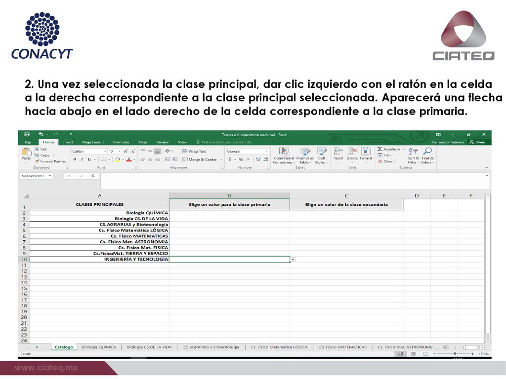 2. Una vez seleccionada la clase principal, dar clic izquierdo con el ratón en la celda