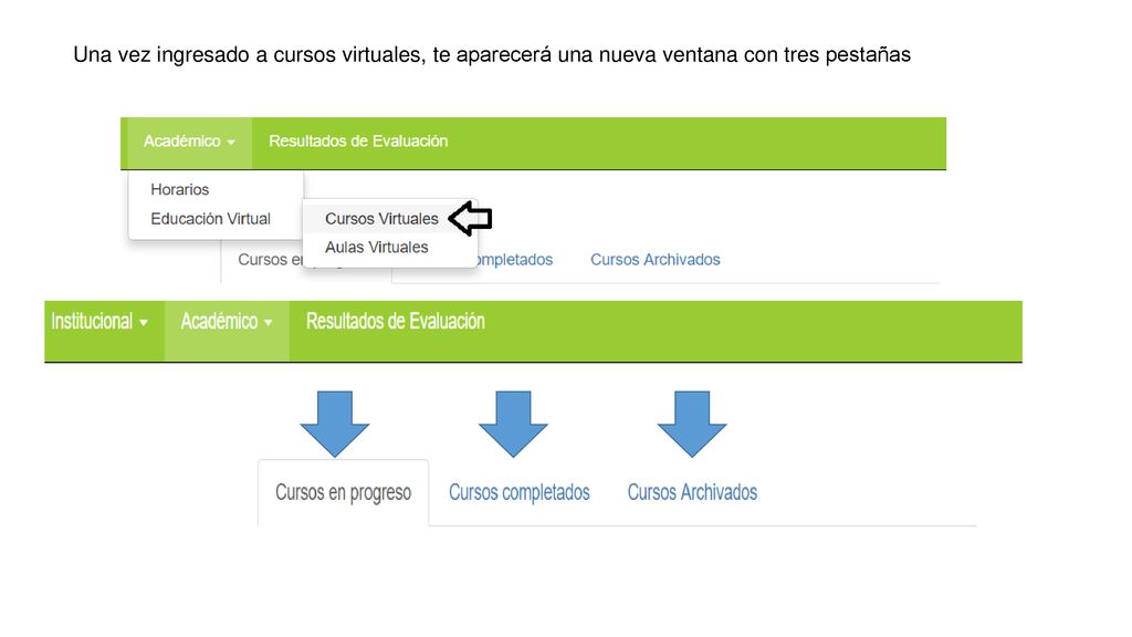 Una vez ingresado a cursos virtuales, te aparecerá una nueva ventana con tres pestañas