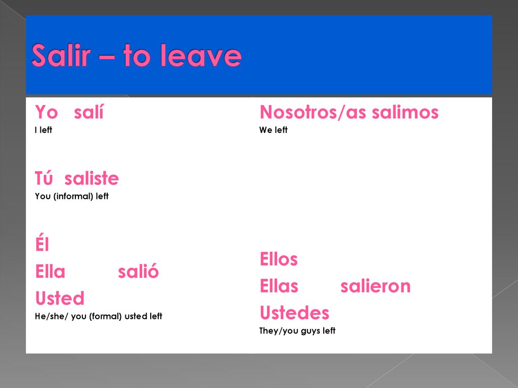 Salir – to leave Yo salí Tú saliste Él Ella salió Usted